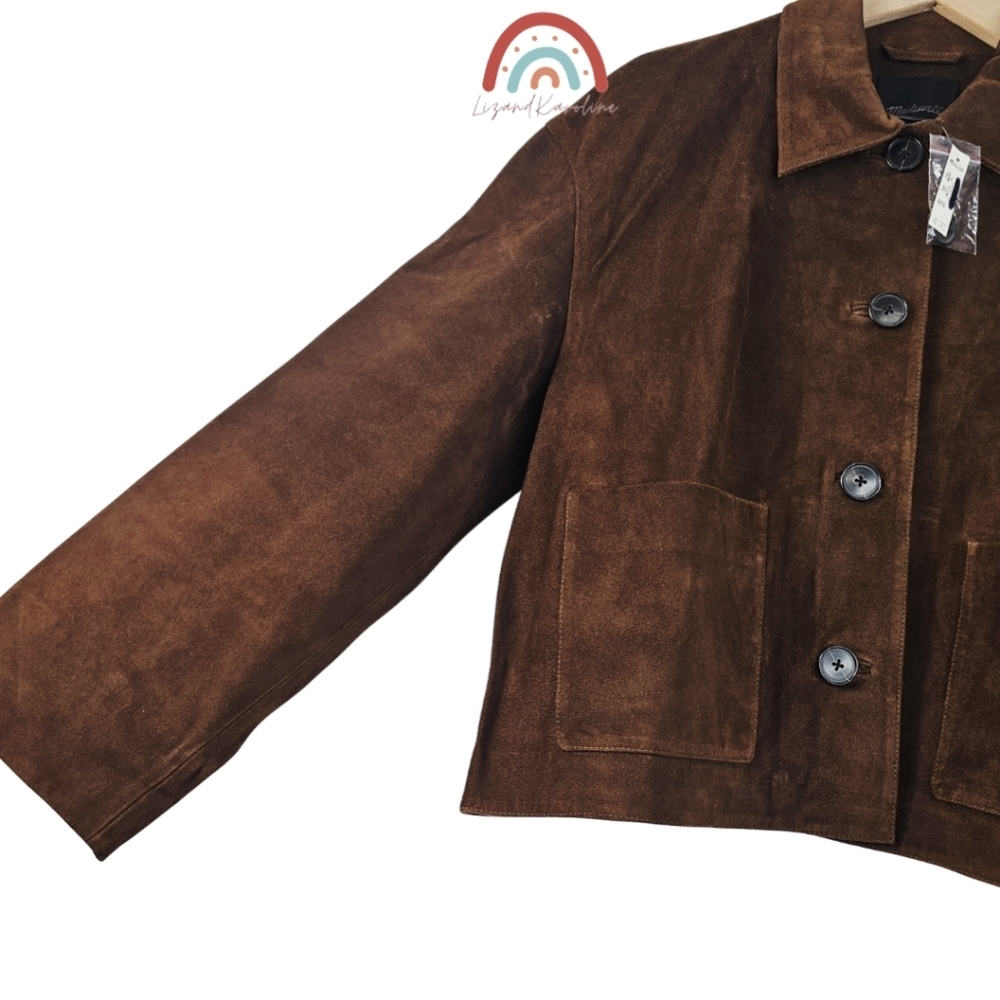 New! Madewell Boxy Crop Jacket in Suede Dark Roast Suede - Picture 10 of 16